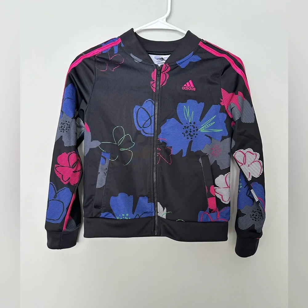 Adidas Kids Black Floral Jacket with Pink and Blue Accents